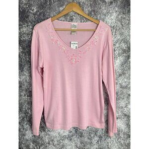 Butterfly Brand Pink Knit Sequin Beaded V neck Sweater Top women's Medium